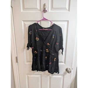 Anthropologie Ranna Gill Black Embroidered Floral Button Boho Tunic Top - Size S